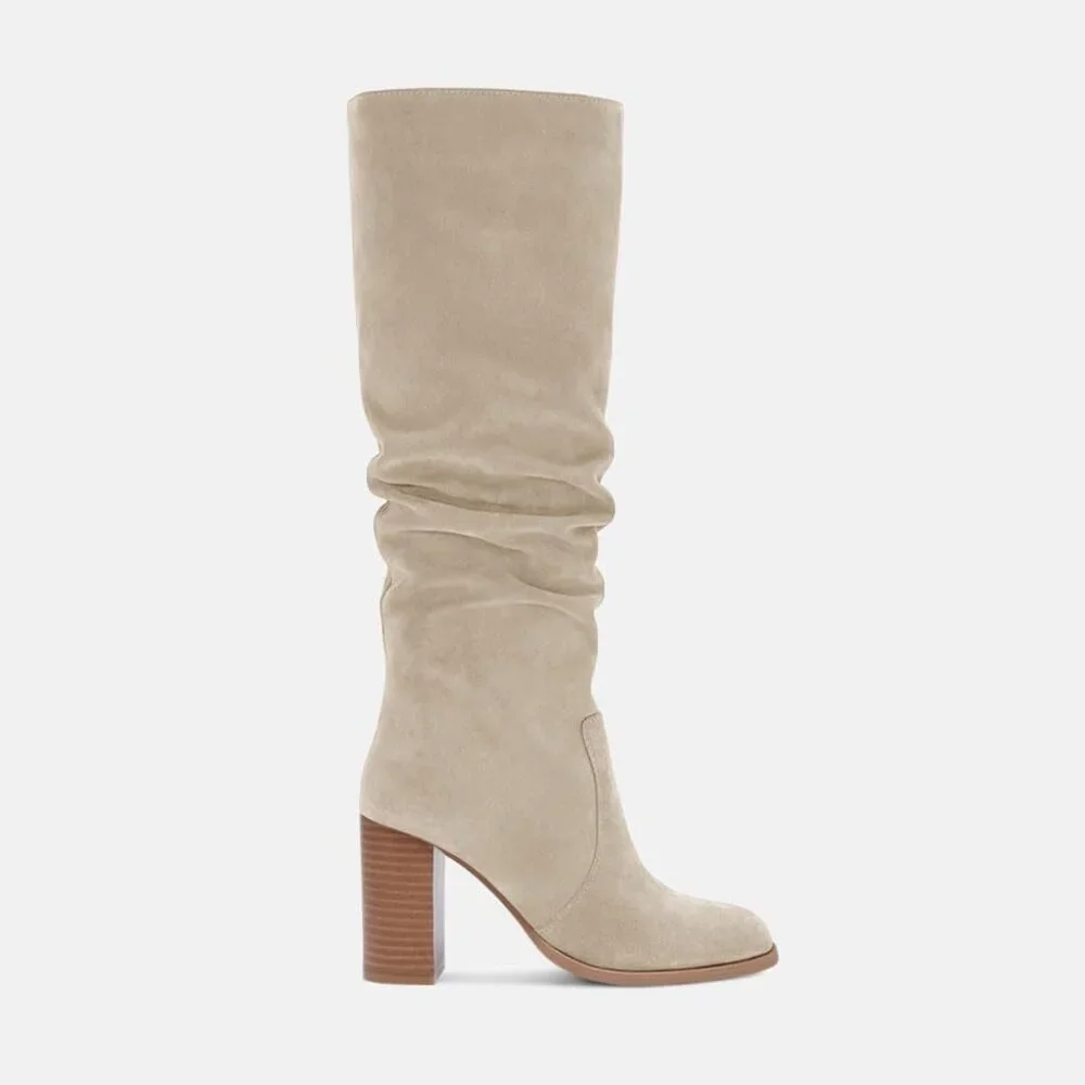 Women's Beige Chunky High Heel Square Zipper Wide Calf Knee High Boots